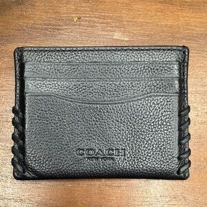 COACH Black Pebbled Leather Card & Key Holder with Braided Edges